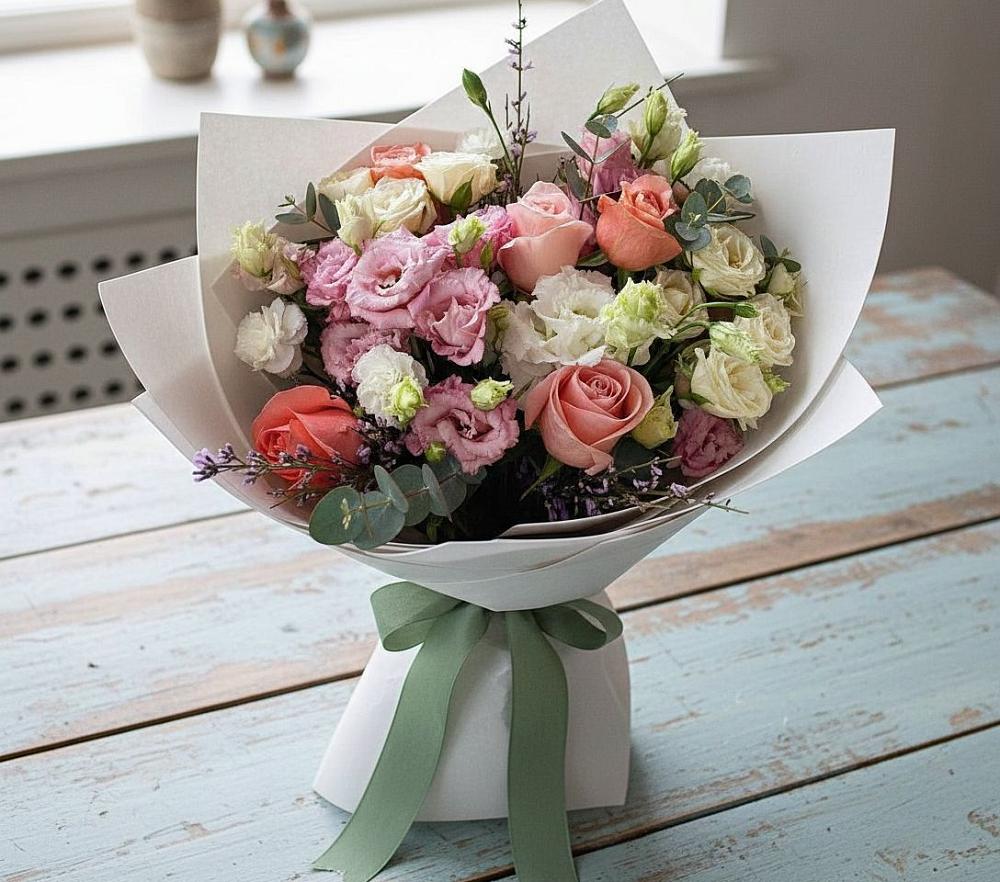 Букет цветов из: Розы, Лизиантусы и Гвоздики в Рязанской