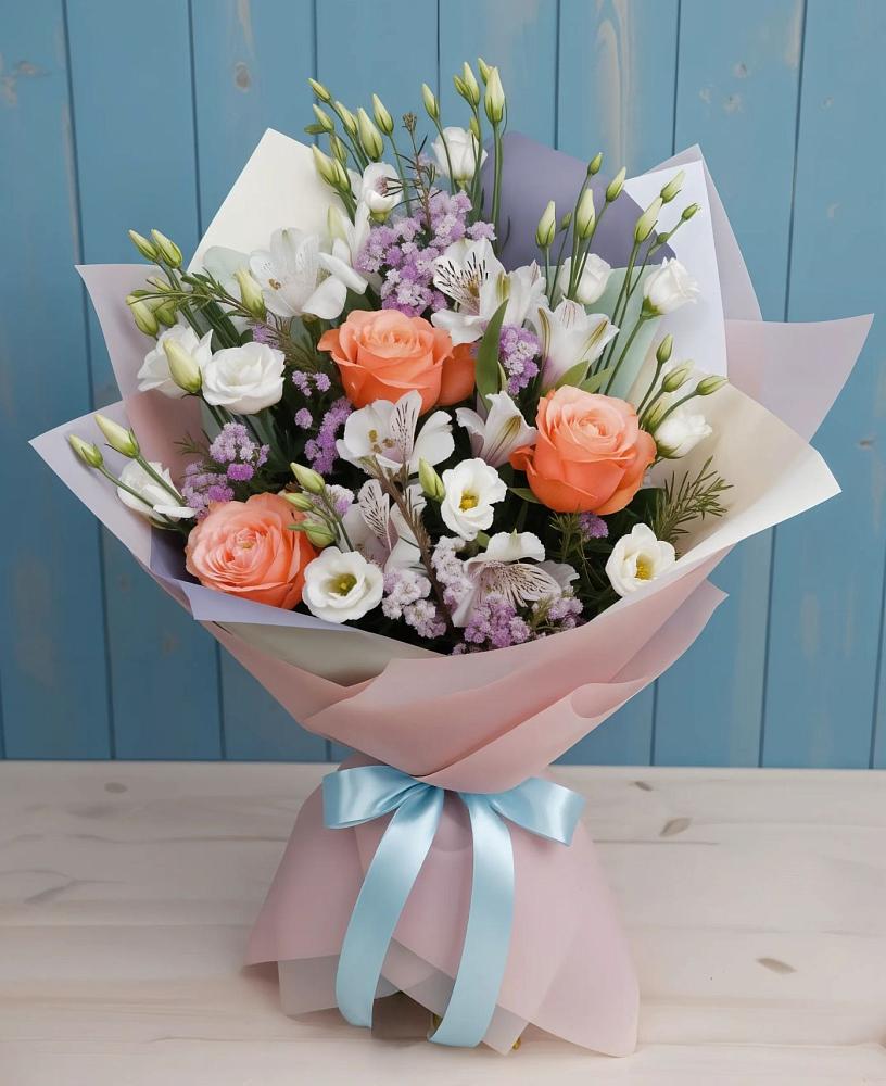 Букет цветов из: Лизиантусы, Розы, Альстромерии и Гипсофила в Рязанской