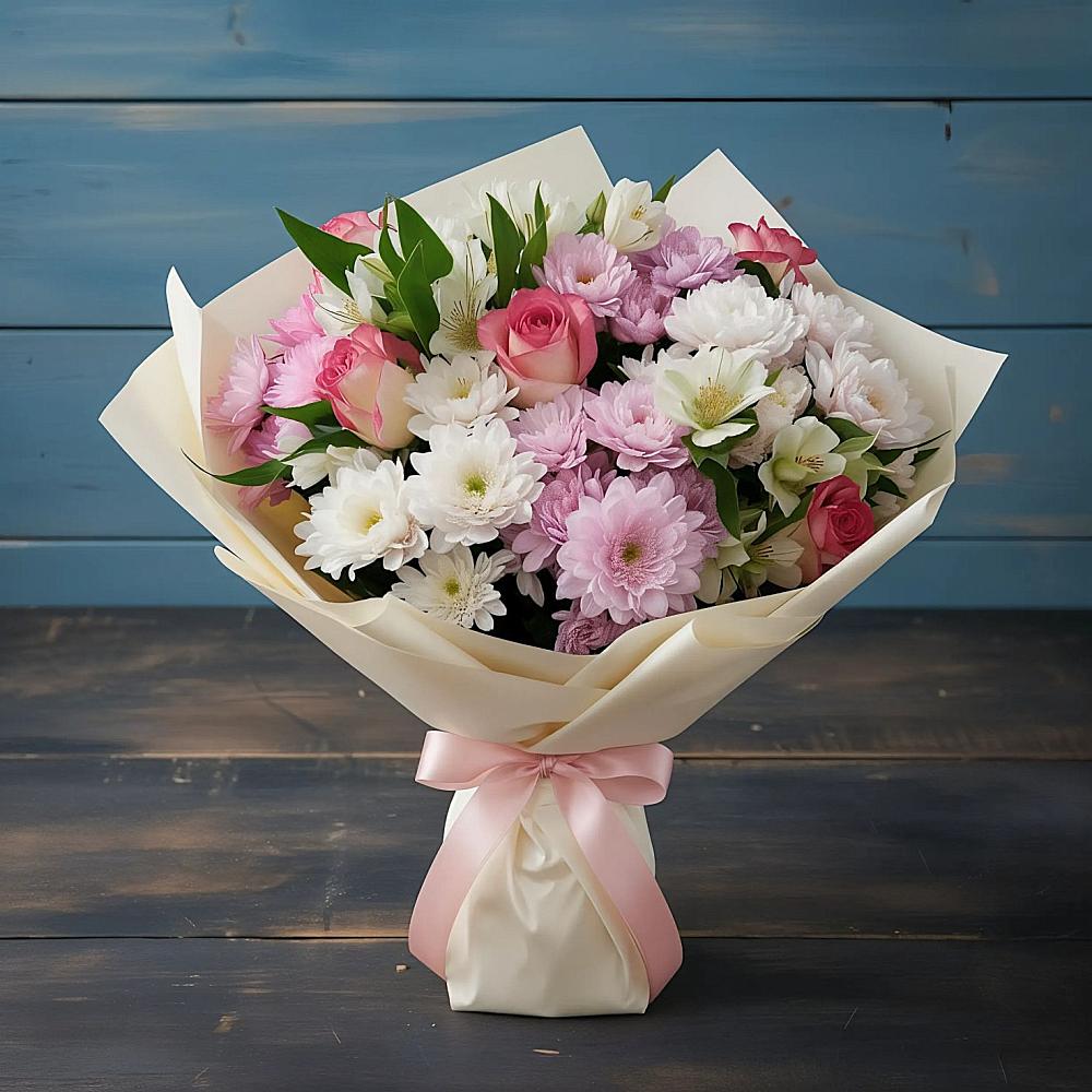 Букет цветов из: Хризантемы, Альстромерии и Розы в Рязанской